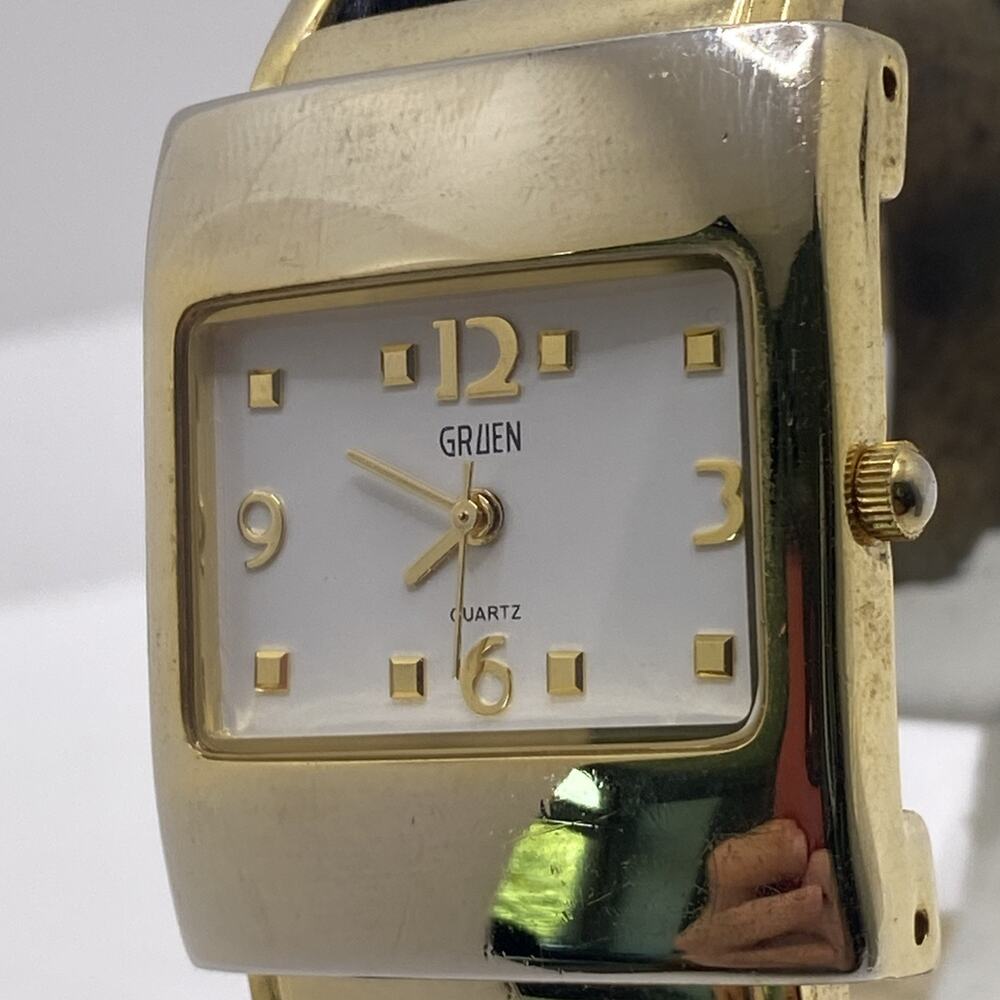 Gruen Womens Gold Tone Cuff Bangle Watch New Battery